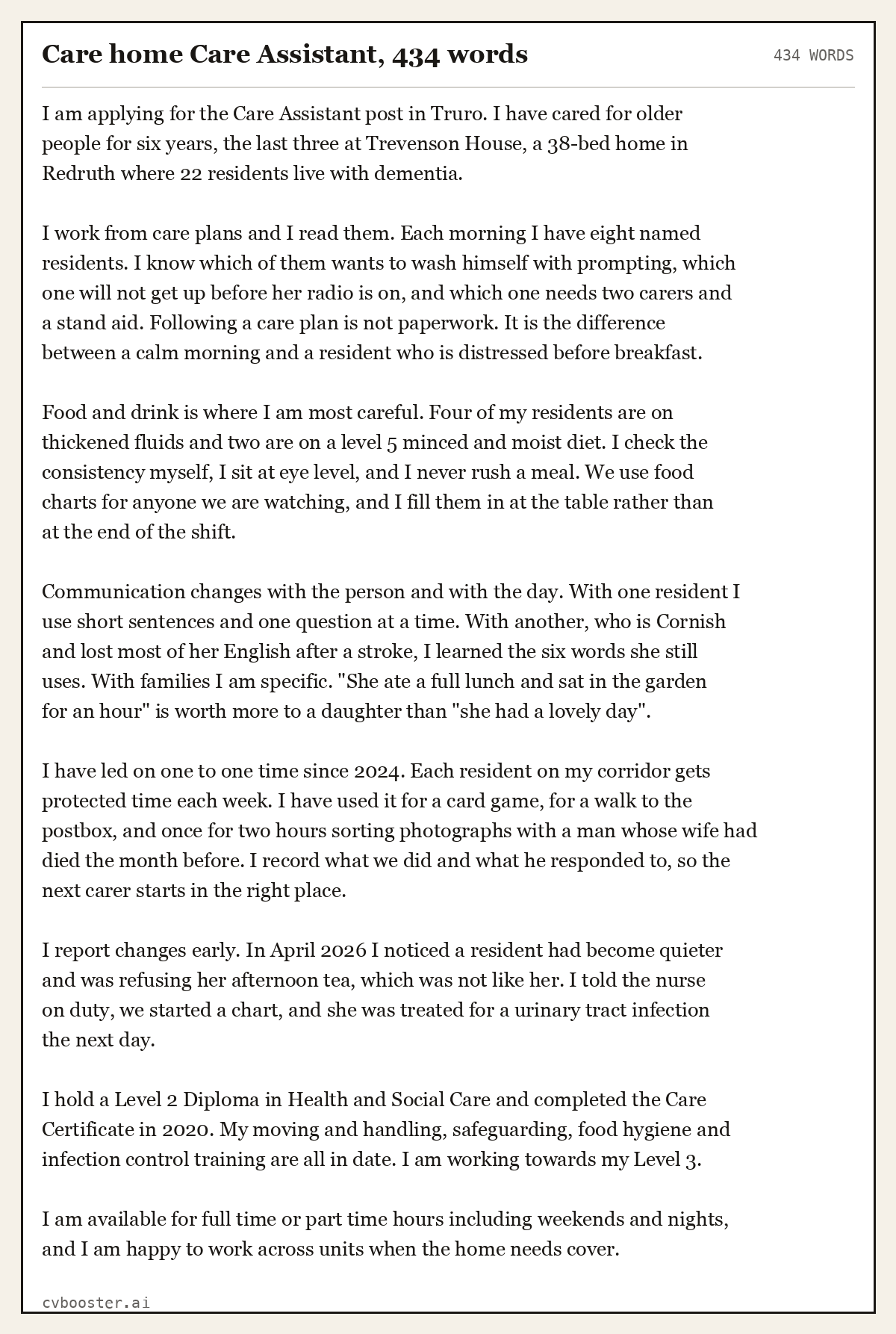 Complete Care home Care Assistant example, 434 words, laid out as it would sit in the application form