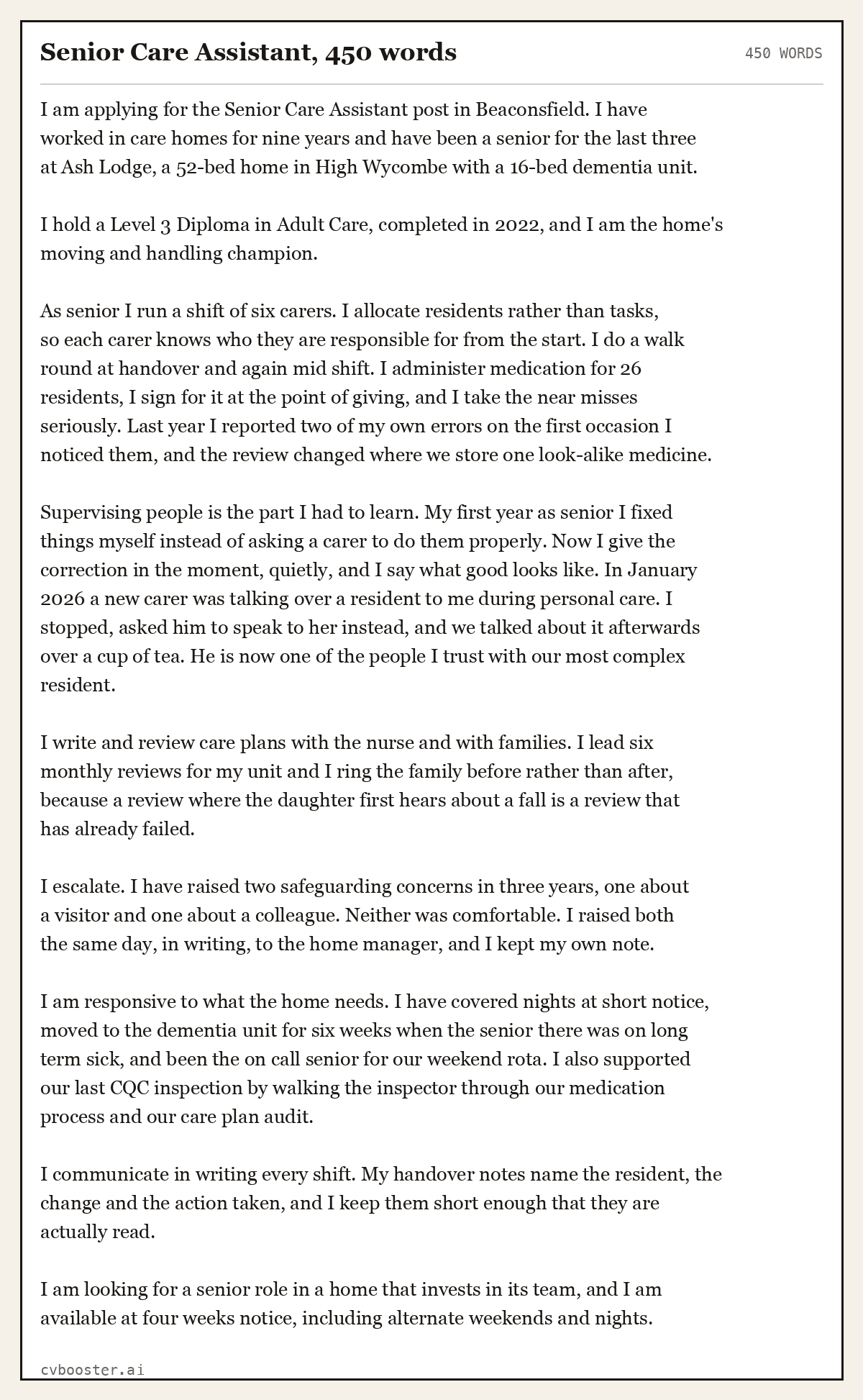 Complete Senior Care Assistant example, 450 words, laid out as it would sit in the application form