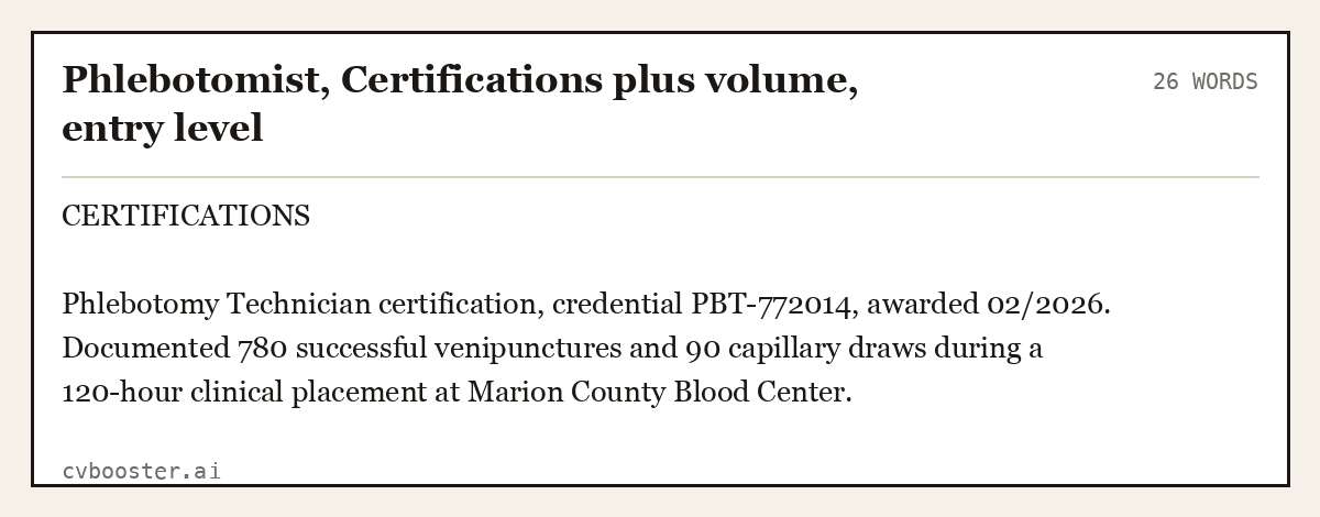 Complete Phlebotomist, Certifications plus volume, entry level example, 26 words, laid out as it would sit in the application form