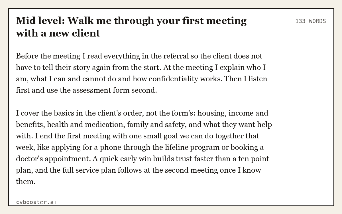 Complete Mid level: Walk me through your first meeting with a new client example, 133 words, laid out as it would sit in the application form