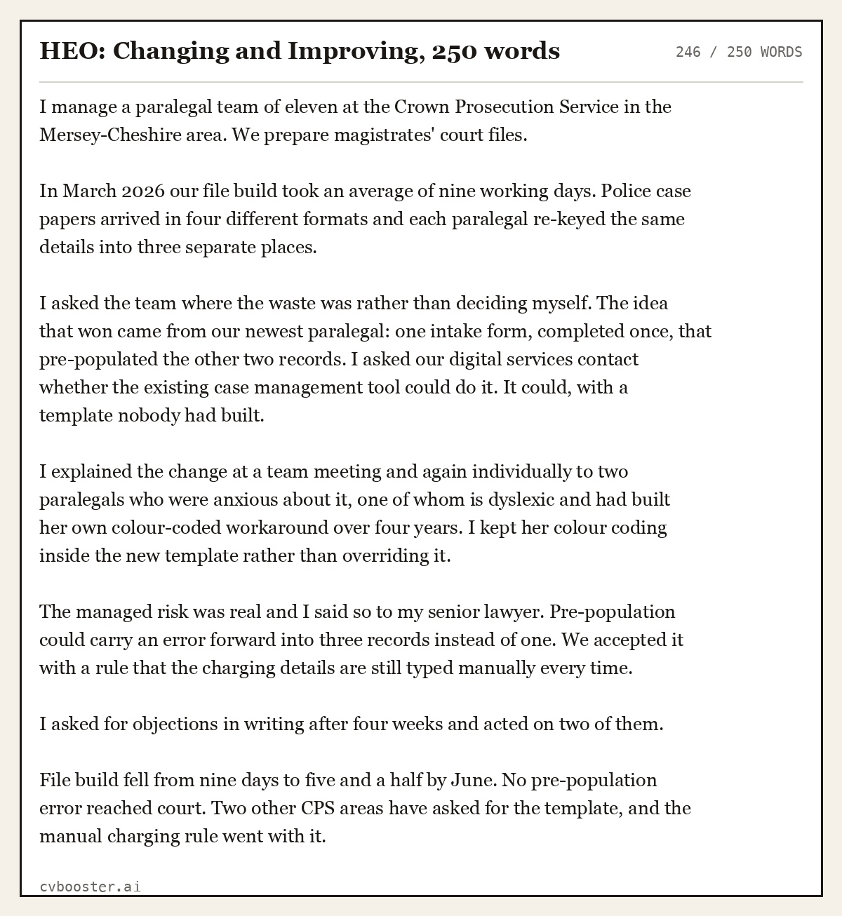 Complete HEO: Changing and Improving example, 246 words, laid out as it would sit in the application form