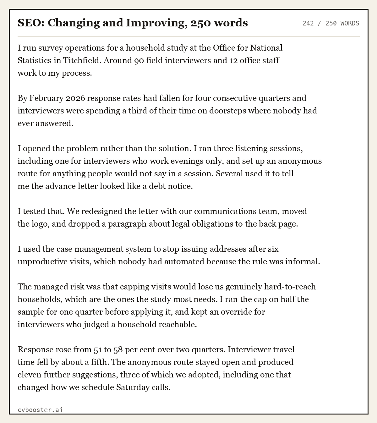 Complete SEO: Changing and Improving example, 242 words, laid out as it would sit in the application form