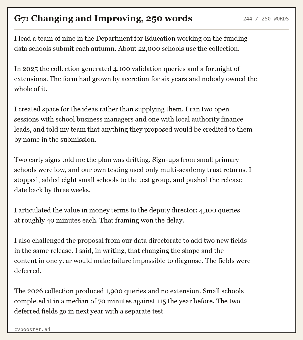 Complete G7: Changing and Improving example, 244 words, laid out as it would sit in the application form