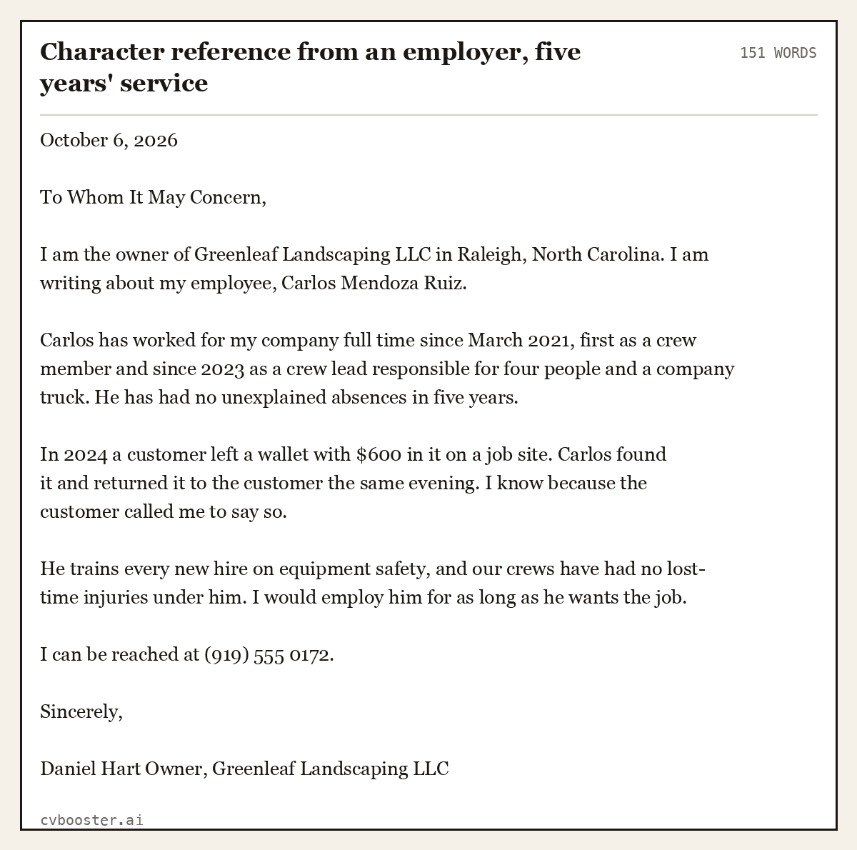 Complete Character reference from an employer, five years' service example, 151 words, laid out as it would sit in the application form