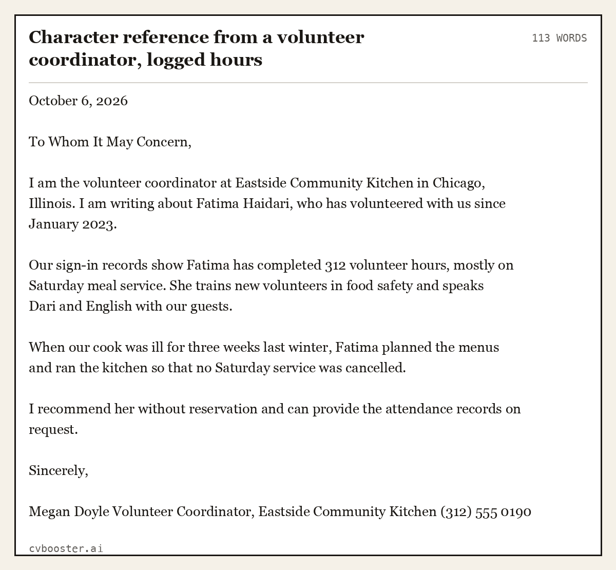Complete Character reference from a volunteer coordinator, logged hours example, 113 words, laid out as it would sit in the application form