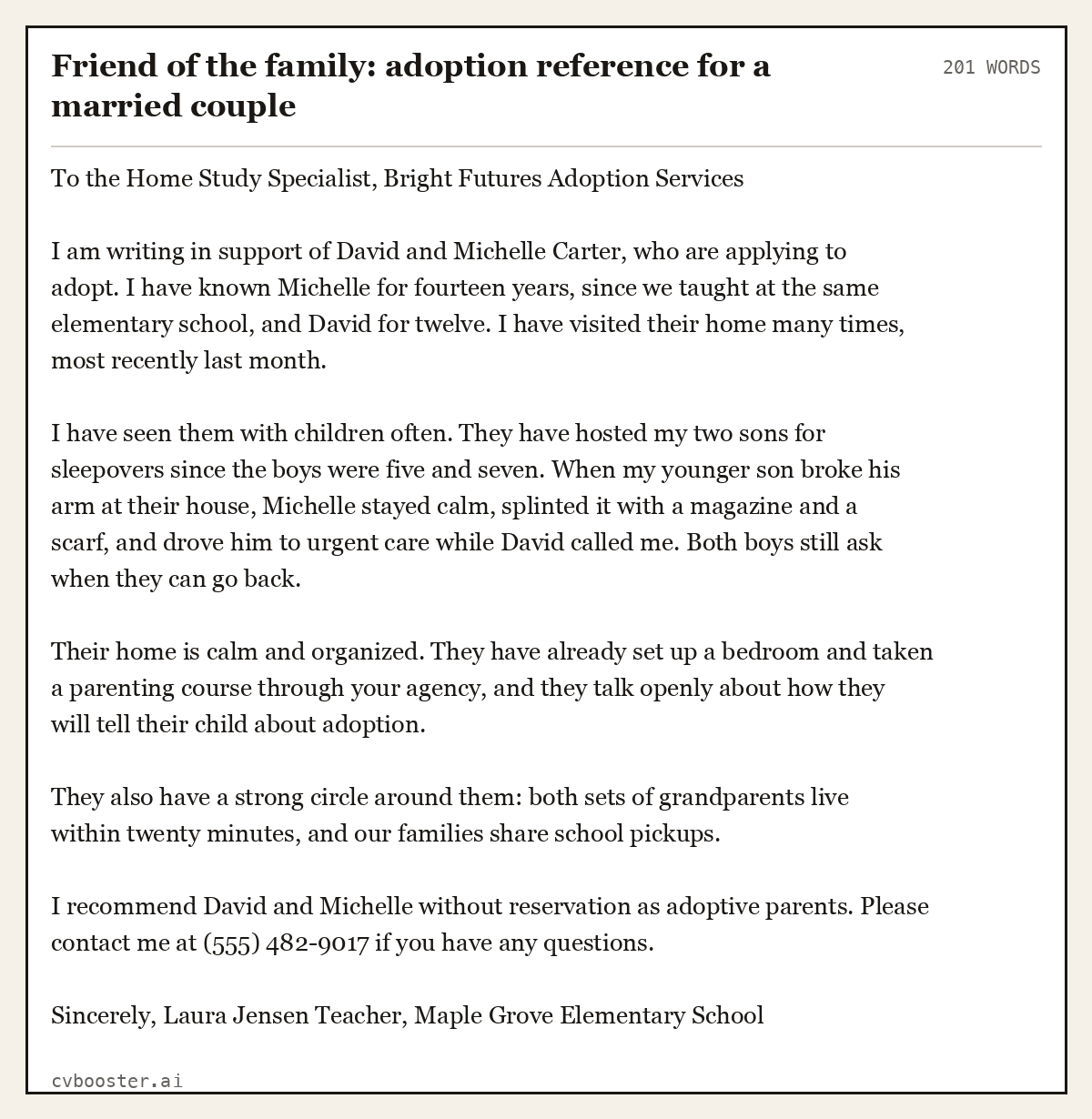 Complete Friend of the family: adoption reference for a married couple example, 201 words, laid out as it would sit in the application form