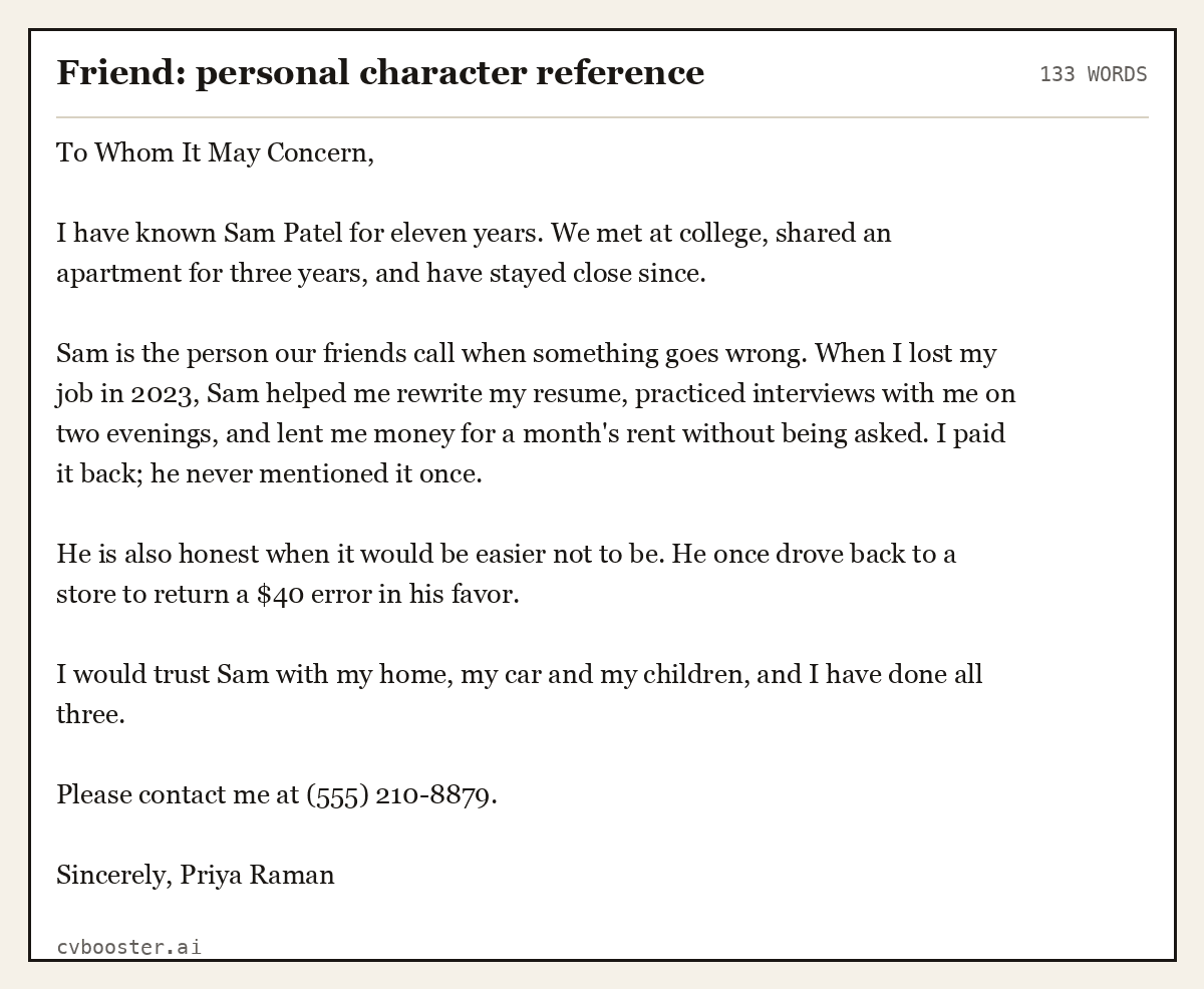 Complete Friend: personal character reference example, 133 words, laid out as it would sit in the application form