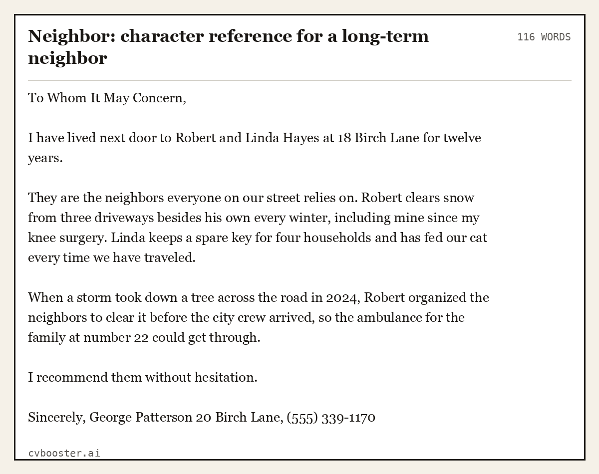 Complete Neighbor: character reference for a long-term neighbor example, 116 words, laid out as it would sit in the application form