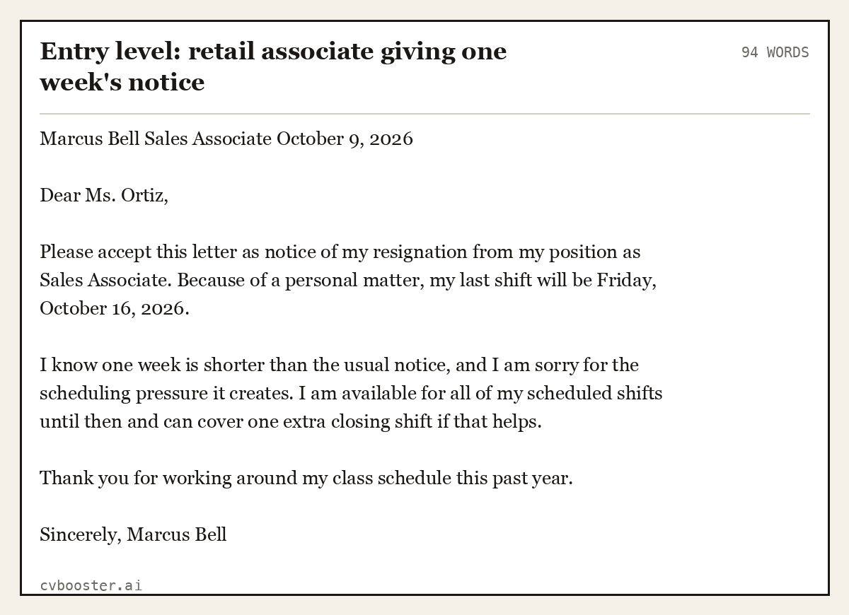 Complete Entry level: retail associate giving one week's notice example, 94 words, laid out as it would sit in the application form