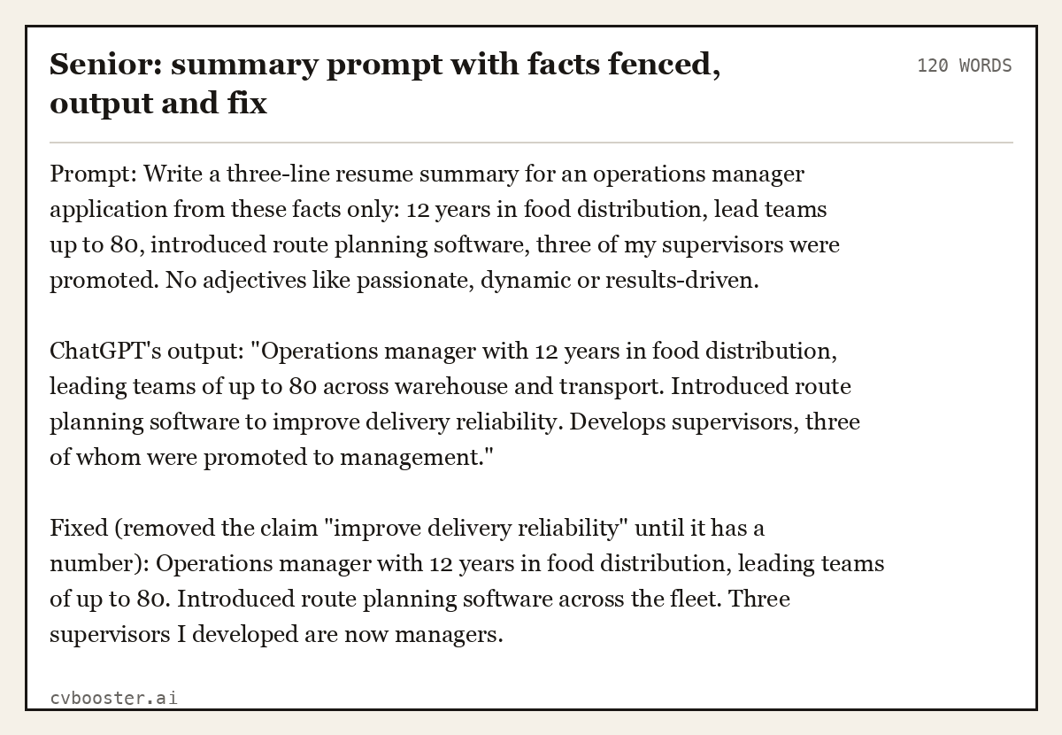Senior: summary prompt with facts fenced, output and fix, complete example, 120 words