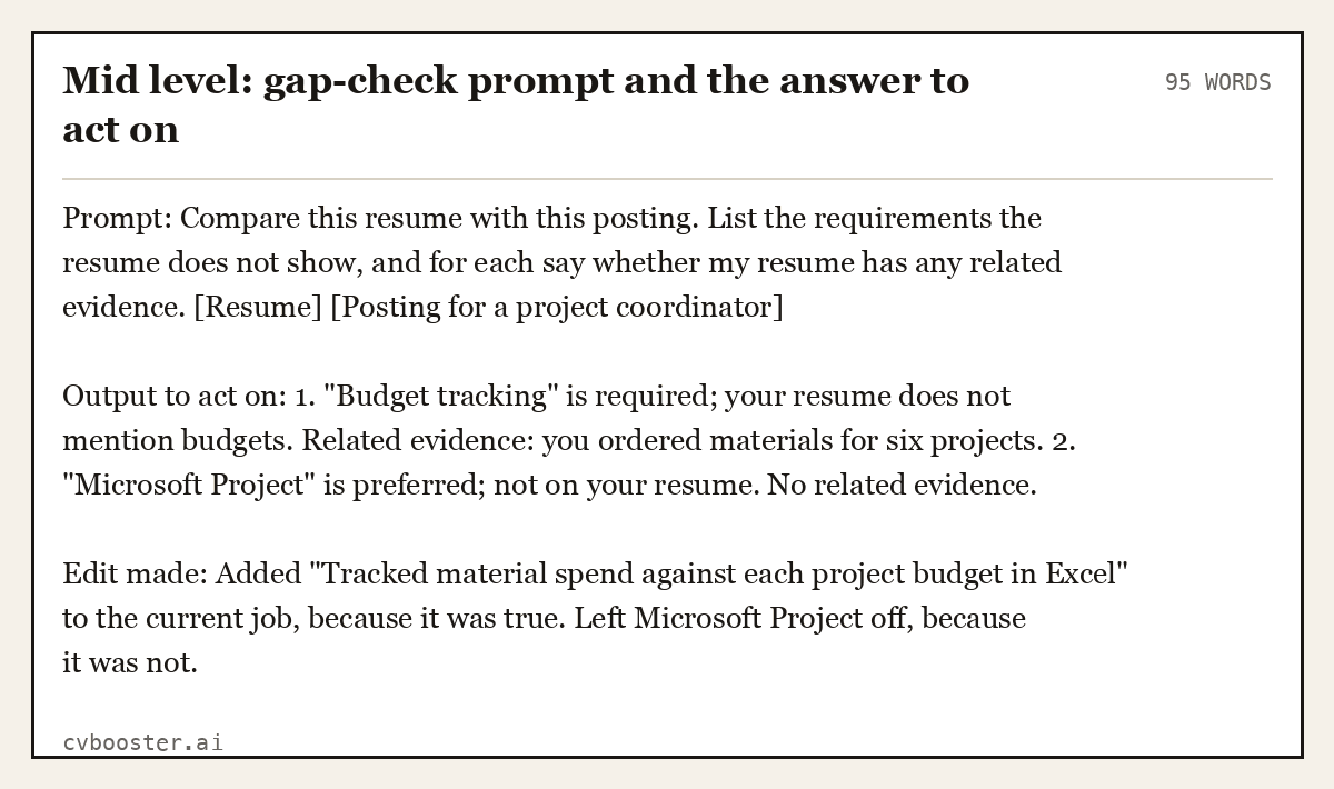 Mid level: gap-check prompt and the answer to act on, complete example, 95 words