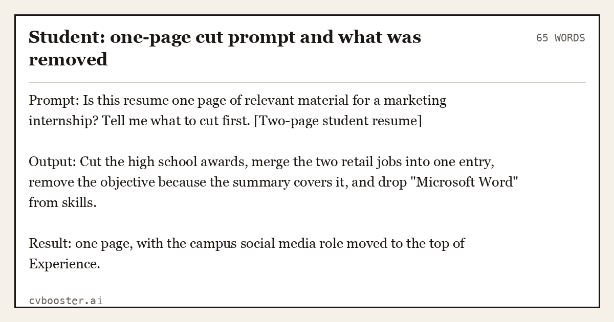 Student: one-page cut prompt and what was removed, complete example, 65 words