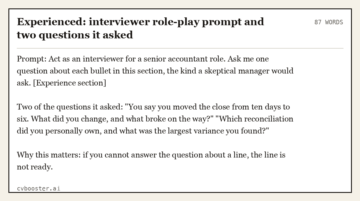 Experienced: interviewer role-play prompt and two questions it asked, complete example, 87 words