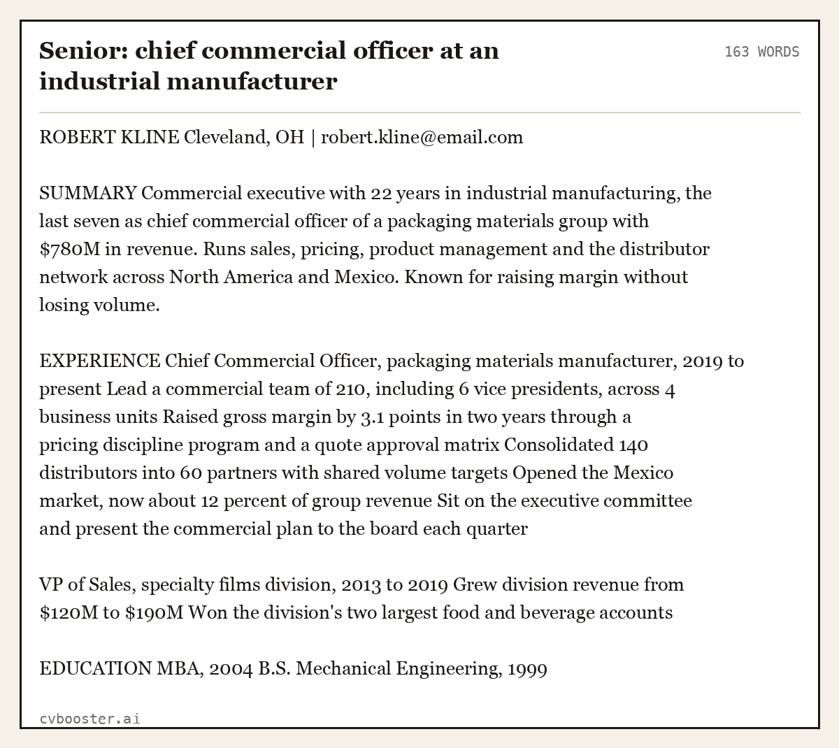 Complete Senior: chief commercial officer at an industrial manufacturer example, 163 words, laid out as it would sit in the application form
