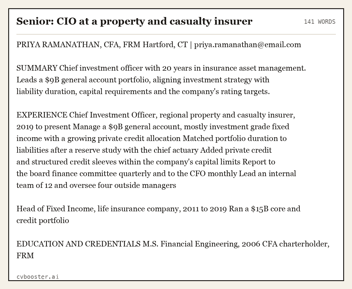 Complete Senior: CIO at a property and casualty insurer example, 141 words, laid out as it would sit in the application form