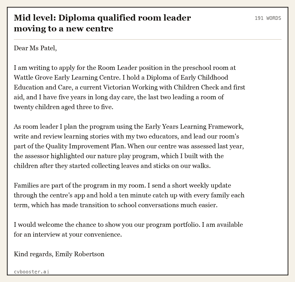 Complete Mid level: Diploma qualified room leader moving to a new centre example, 191 words, laid out as it would sit in the application form