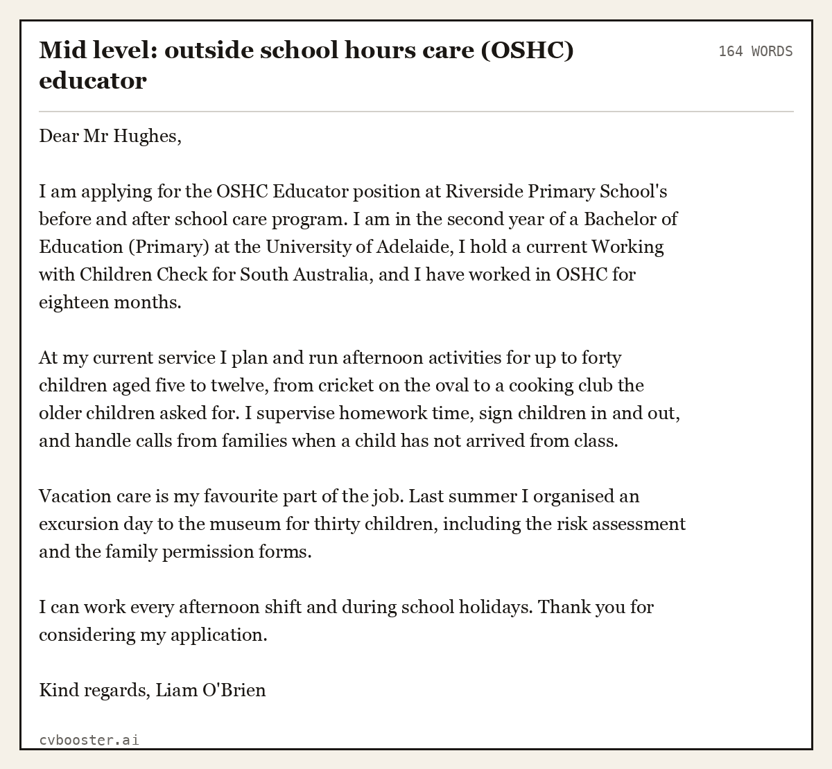 Complete Mid level: outside school hours care (OSHC) educator example, 164 words, laid out as it would sit in the application form