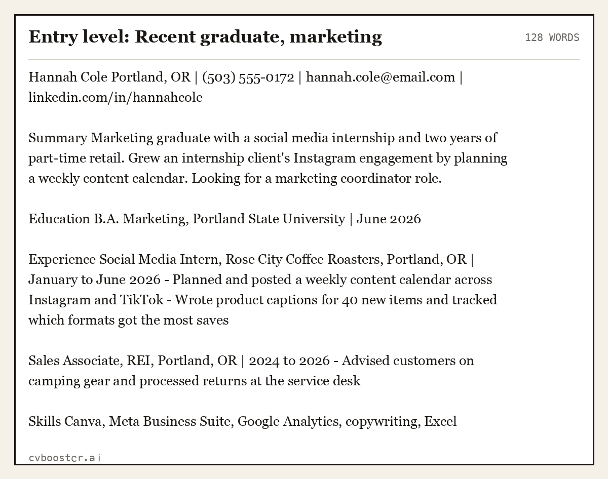 Complete Entry level: Recent graduate, marketing example, 128 words, laid out as it would sit in the application form