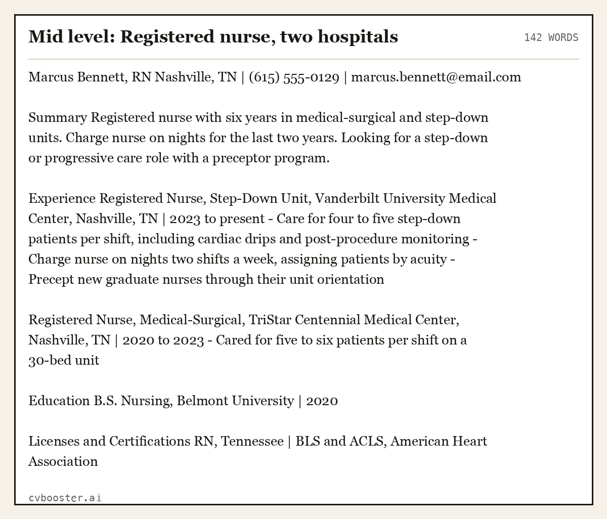Complete Mid level: Registered nurse, two hospitals example, 142 words, laid out as it would sit in the application form