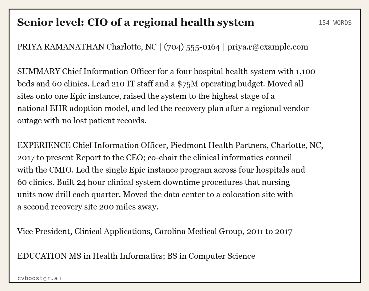 Complete Senior level: CIO of a regional health system example, 154 words, laid out as it would sit in the application form
