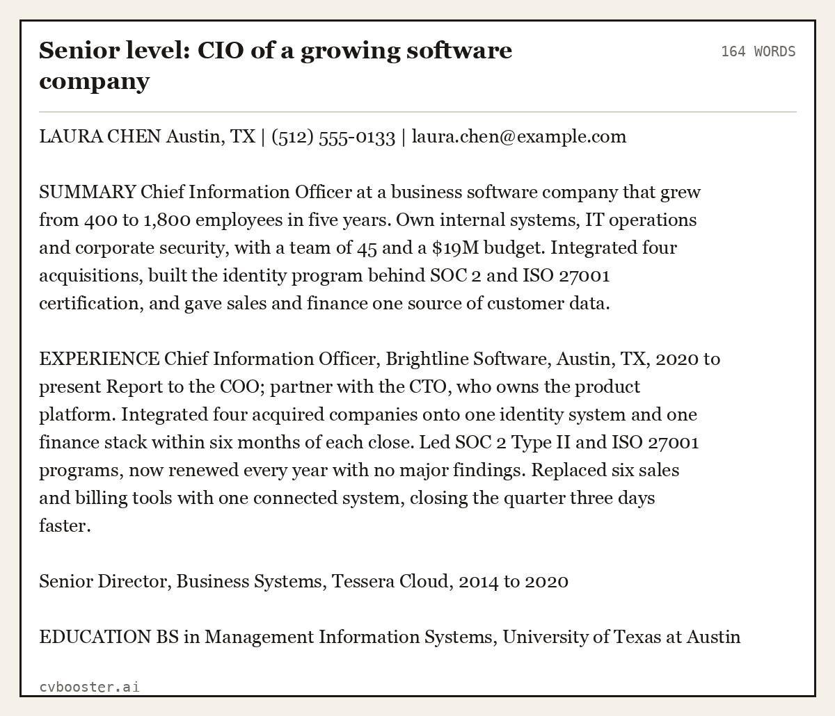 Complete Senior level: CIO of a growing software company example, 164 words, laid out as it would sit in the application form