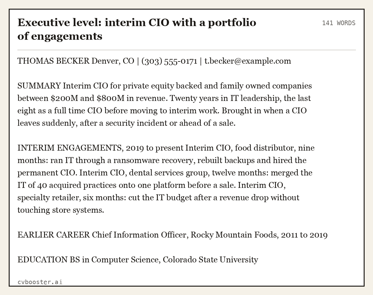 Complete Executive level: interim CIO with a portfolio of engagements example, 141 words, laid out as it would sit in the application form