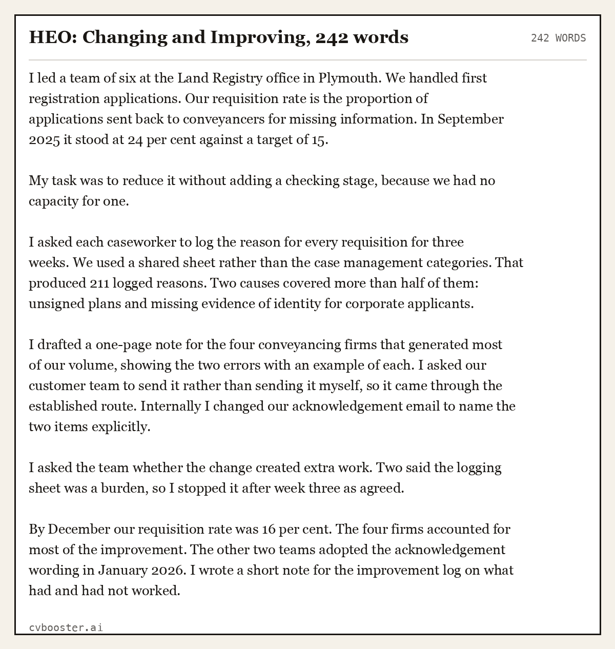 Complete HEO: Changing and Improving example, 242 words, laid out as it would sit in the application form