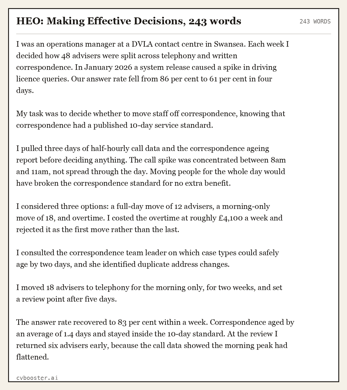 Complete HEO: Making Effective Decisions example, 243 words, laid out as it would sit in the application form