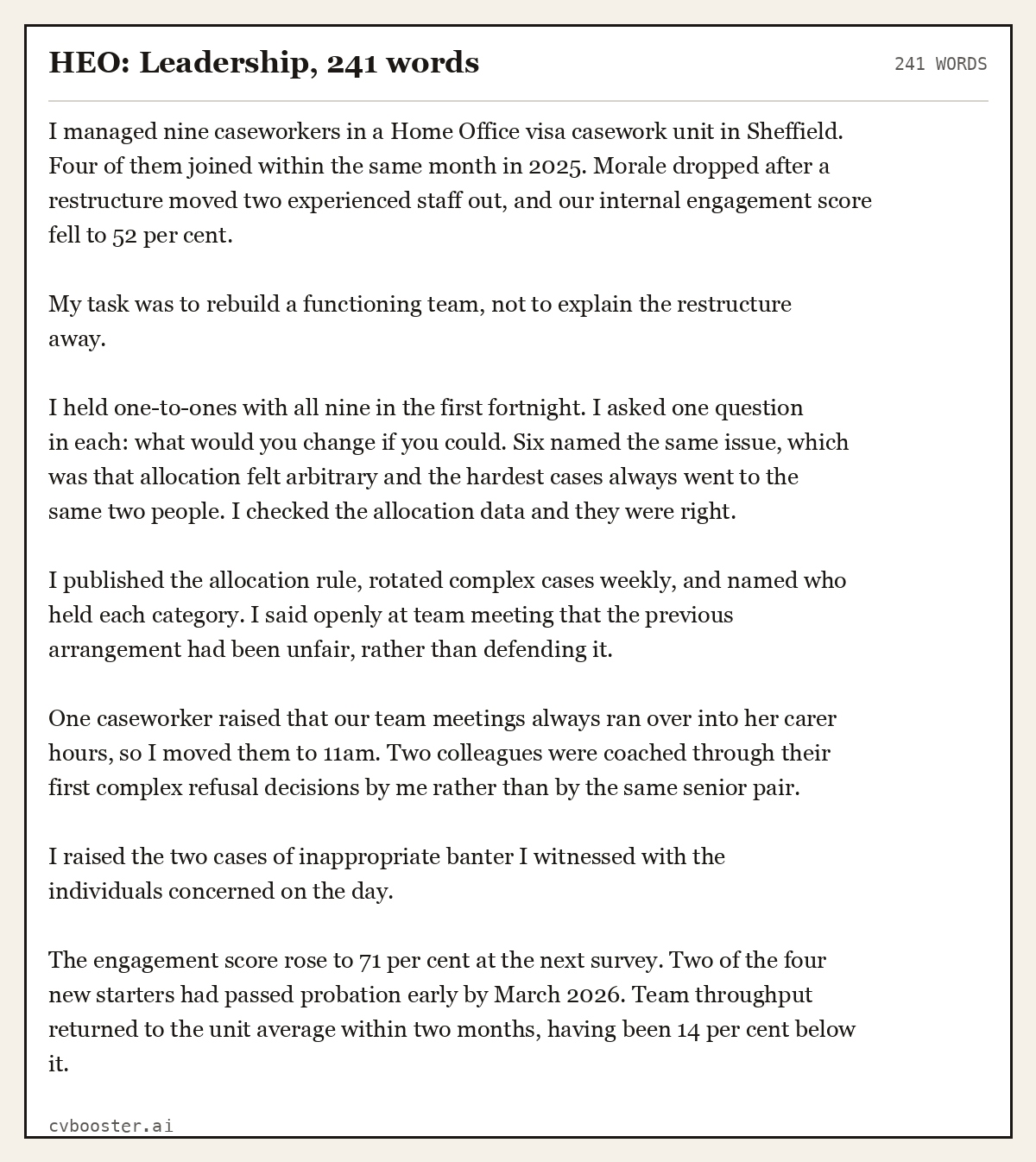 Complete HEO: Leadership example, 241 words, laid out as it would sit in the application form