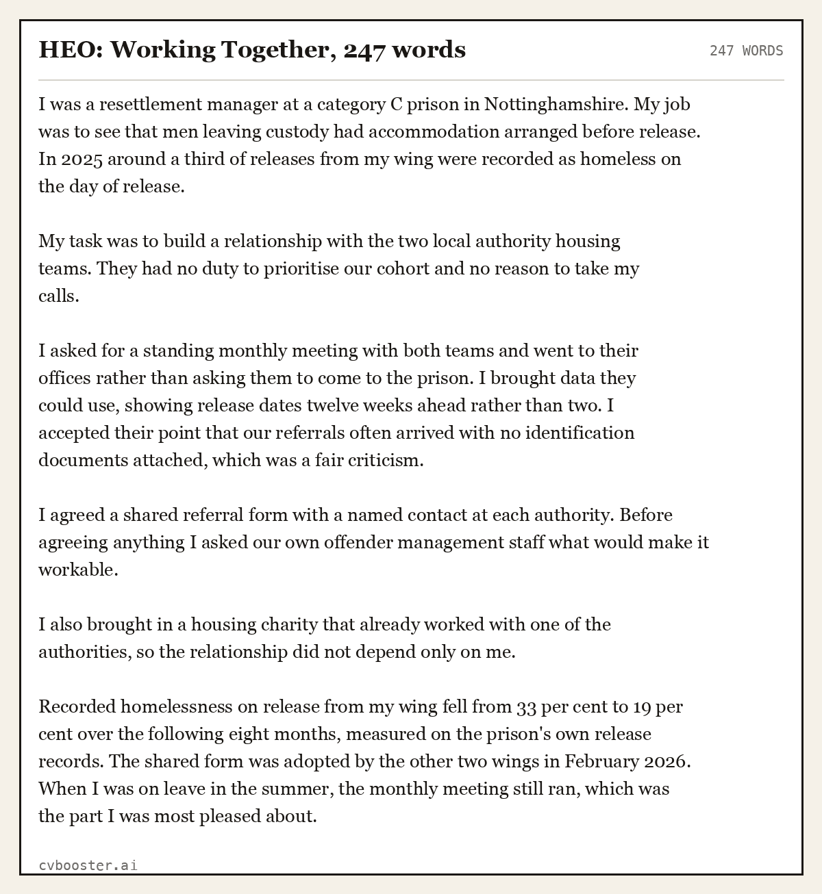 Complete HEO: Working Together example, 247 words, laid out as it would sit in the application form