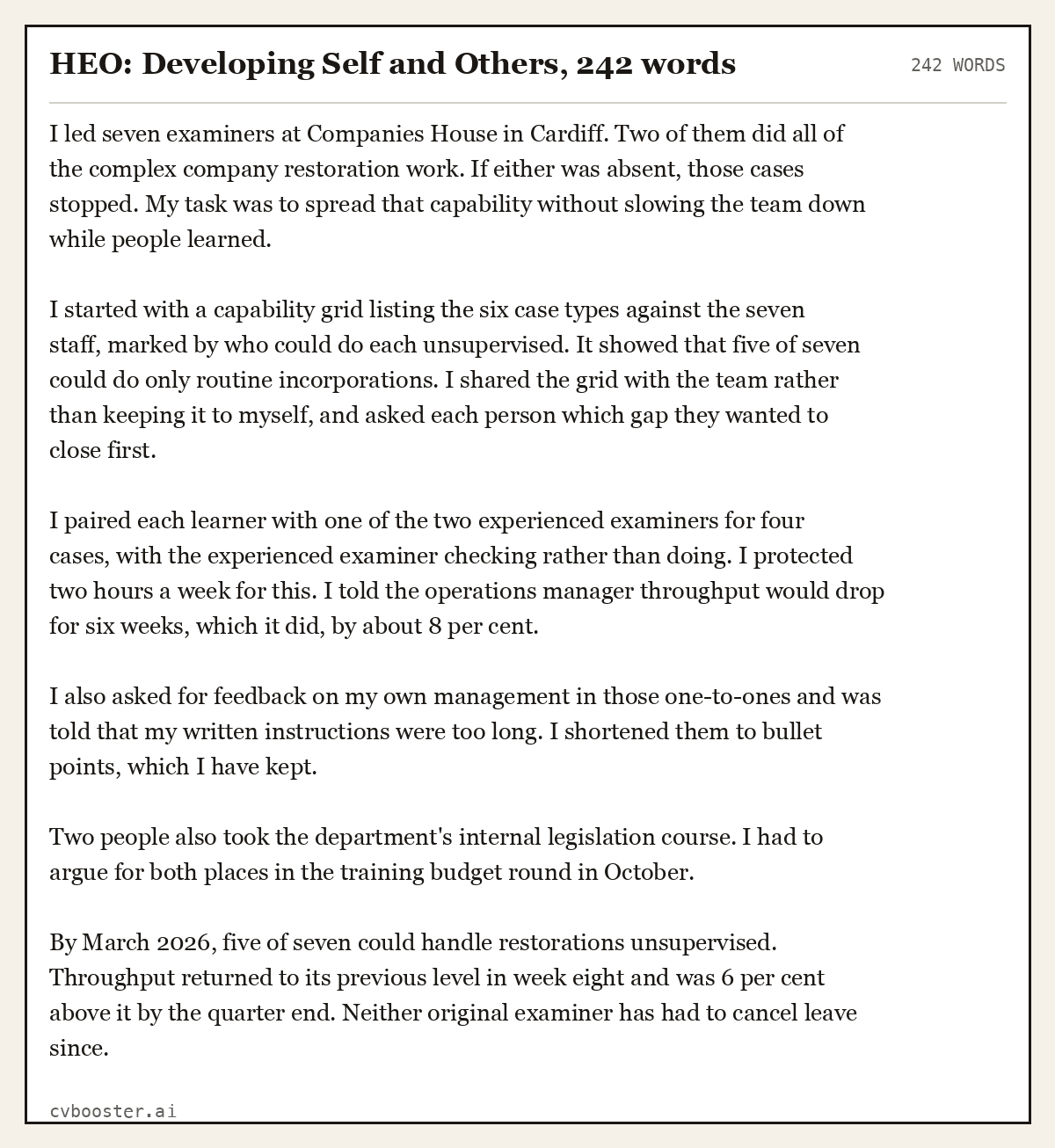 Complete HEO: Developing Self and Others example, 242 words, laid out as it would sit in the application form