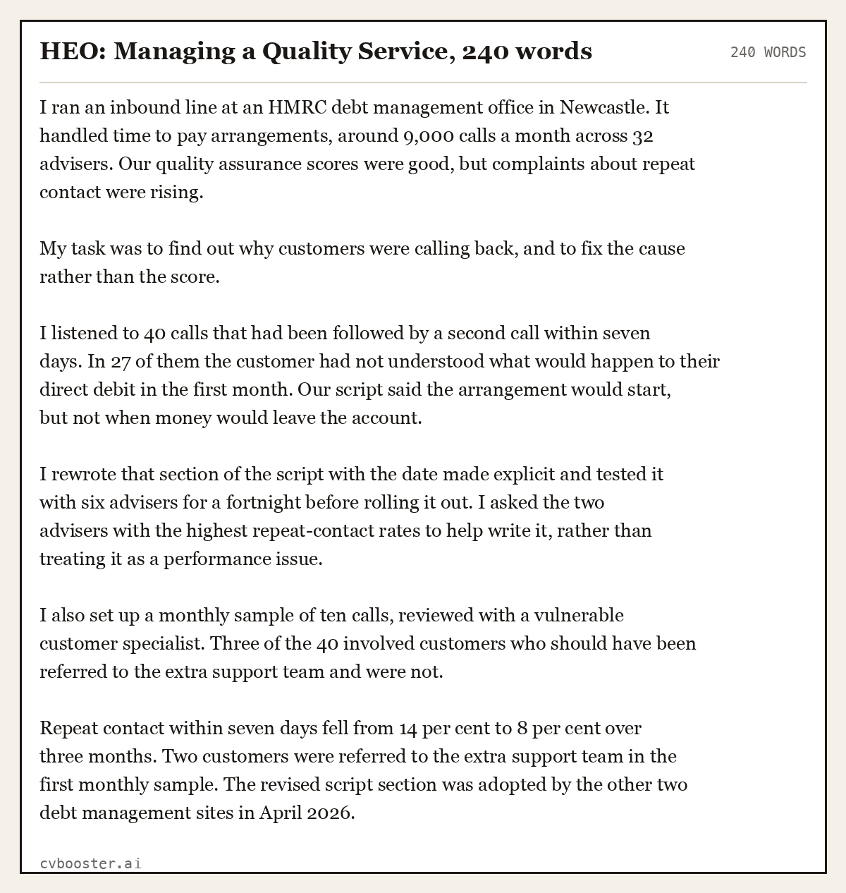Complete HEO: Managing a Quality Service example, 240 words, laid out as it would sit in the application form