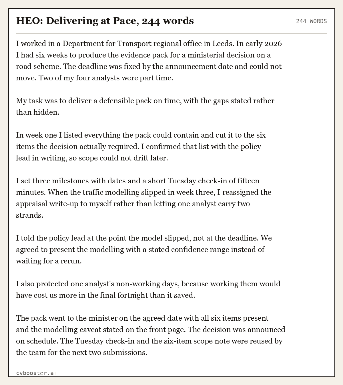 Complete HEO: Delivering at Pace example, 244 words, laid out as it would sit in the application form