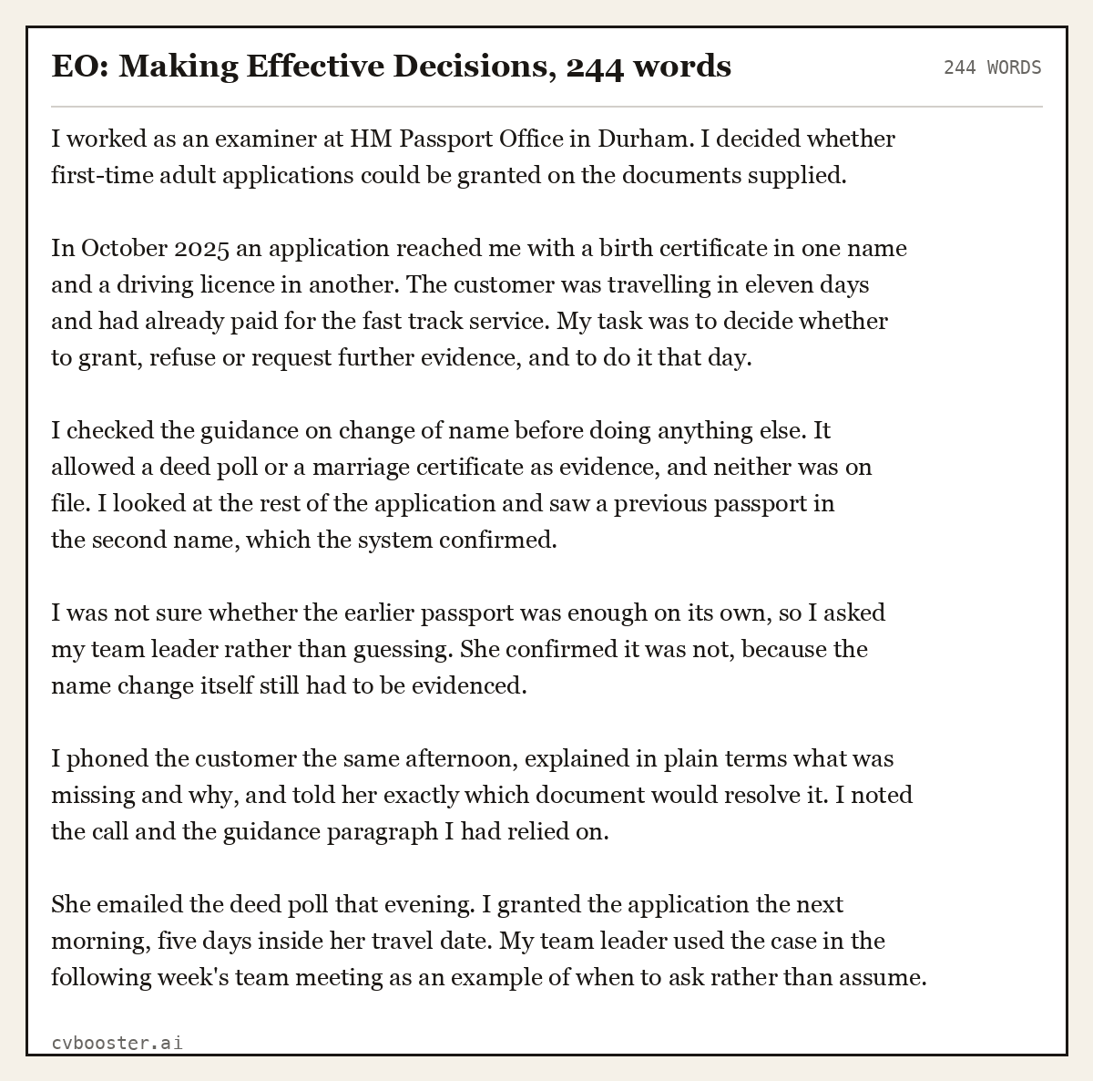 Complete EO: Making Effective Decisions example, 244 words, laid out as it would sit in the application form