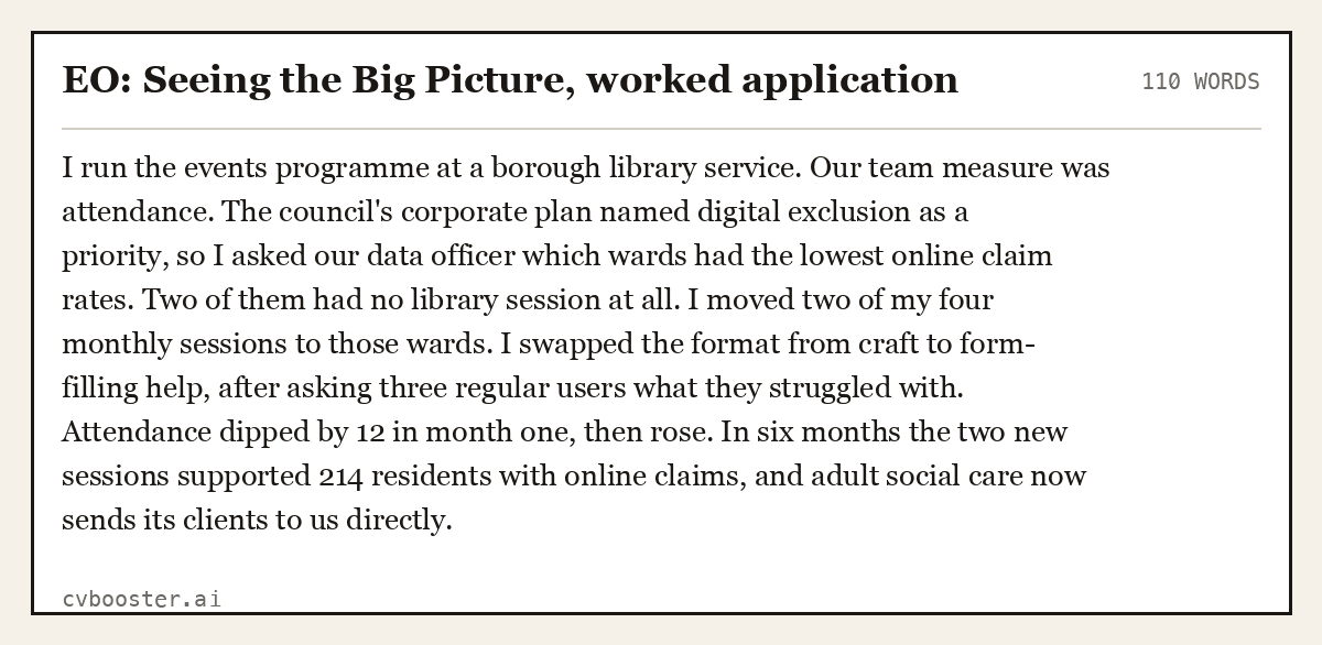 Complete EO: Seeing the Big Picture, worked application example, 110 words, laid out as it would sit in the application form