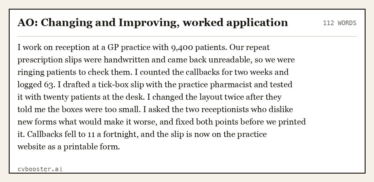 Complete AO: Changing and Improving, worked application example, 112 words, laid out as it would sit in the application form