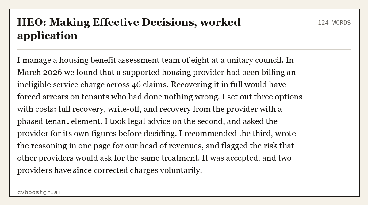 Complete HEO: Making Effective Decisions, worked application example, 124 words, laid out as it would sit in the application form