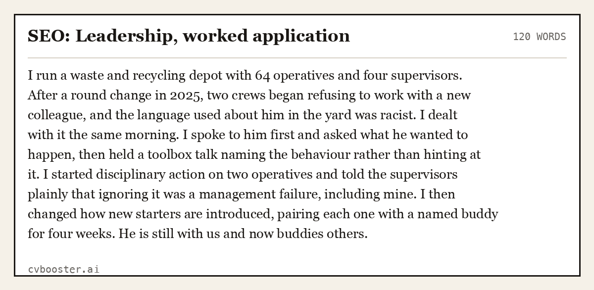 Complete SEO: Leadership, worked application example, 120 words, laid out as it would sit in the application form