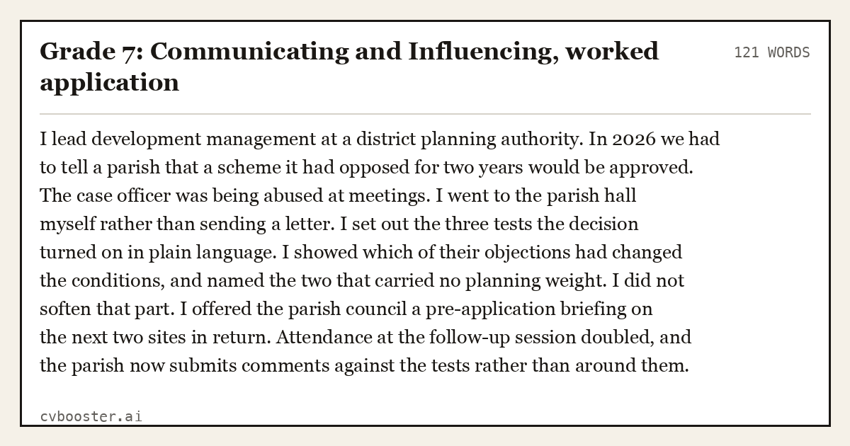Complete Grade 7: Communicating and Influencing, worked application example, 121 words, laid out as it would sit in the application form