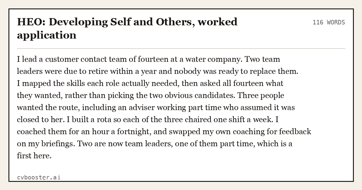 Complete HEO: Developing Self and Others, worked application example, 116 words, laid out as it would sit in the application form
