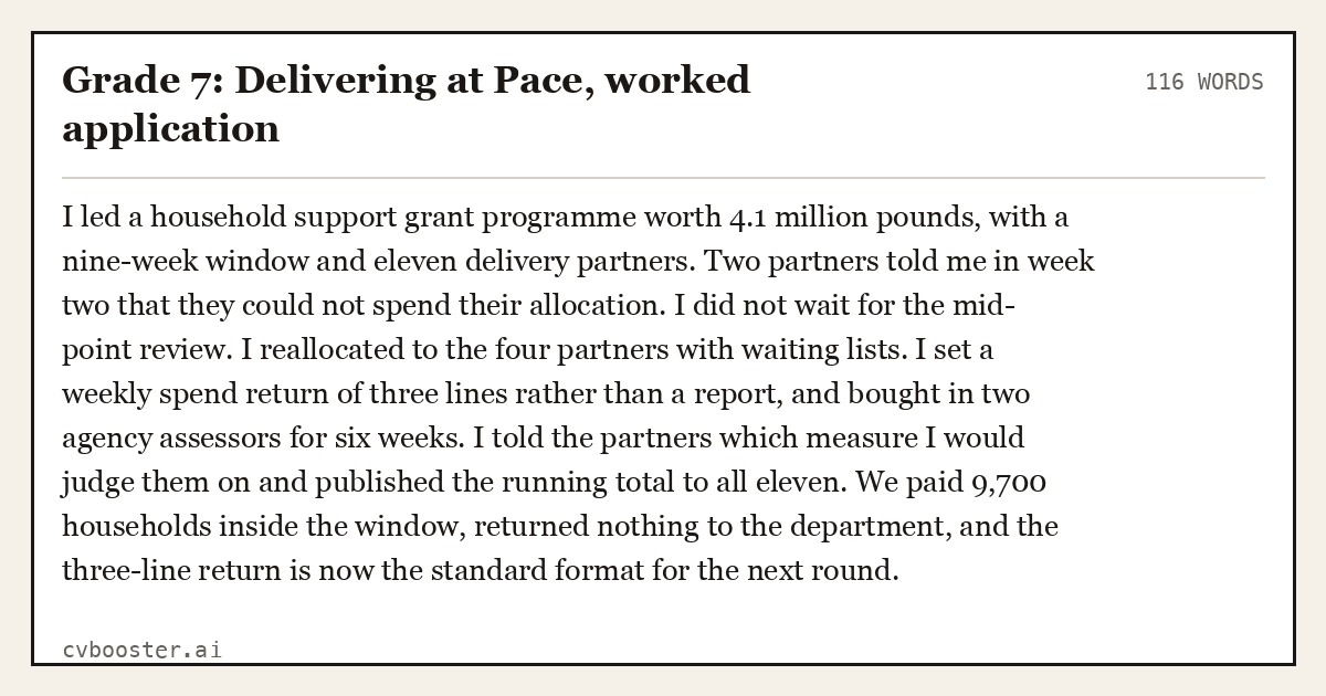 Complete Grade 7: Delivering at Pace, worked application example, 116 words, laid out as it would sit in the application form