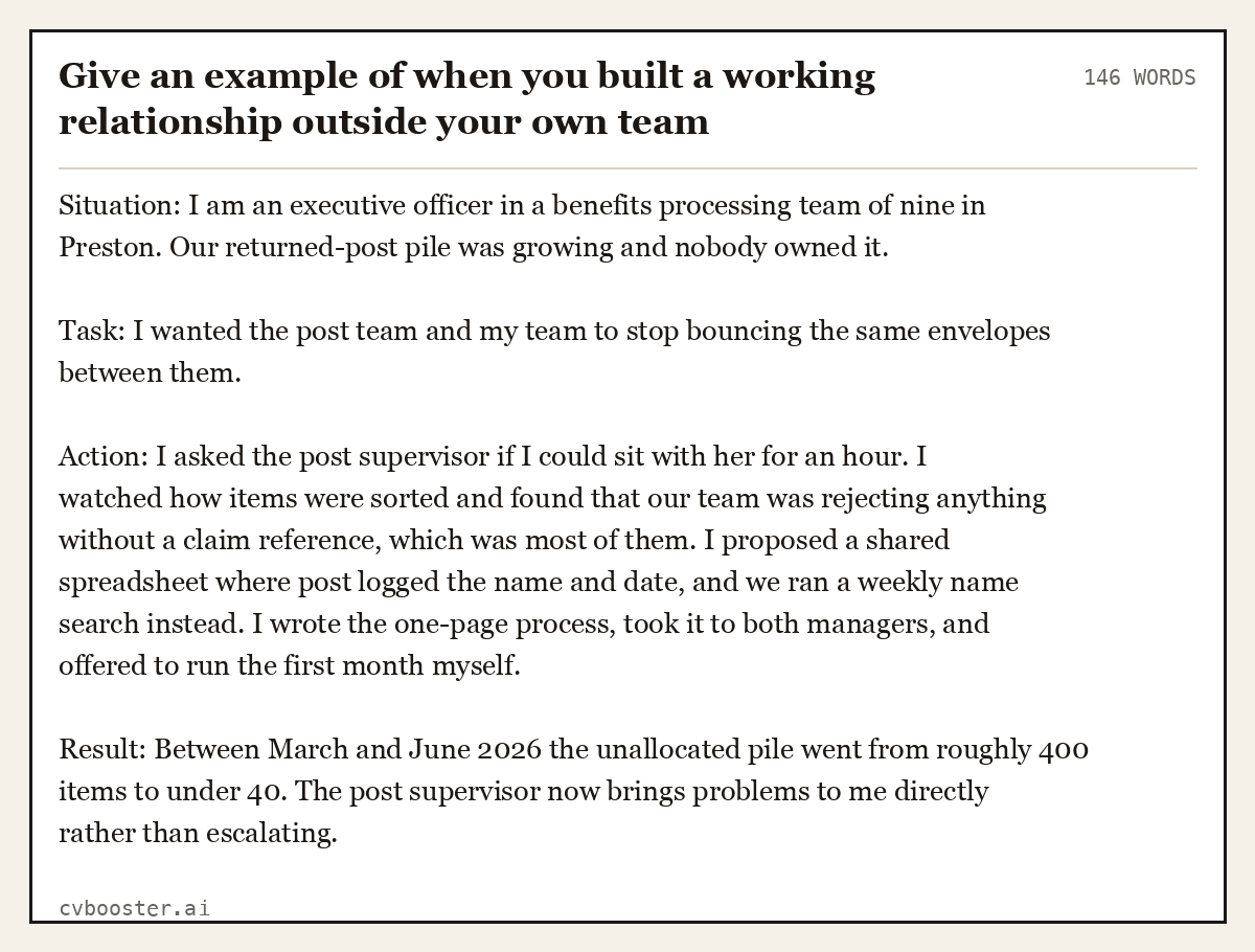 Full interview answer to "Give an example of when you built a working relationship outside your own team", 146 words, labelled Situation, Task, Action, Result