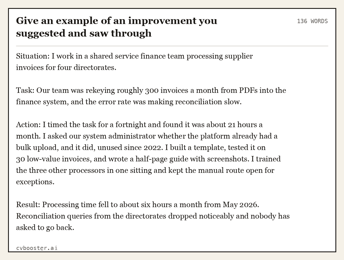 Full interview answer to "Give an example of an improvement you suggested and saw through", 136 words, labelled Situation, Task, Action, Result