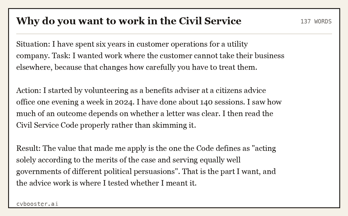Full interview answer to "Why do you want to work in the Civil Service", 137 words, labelled Situation, Task, Action, Result