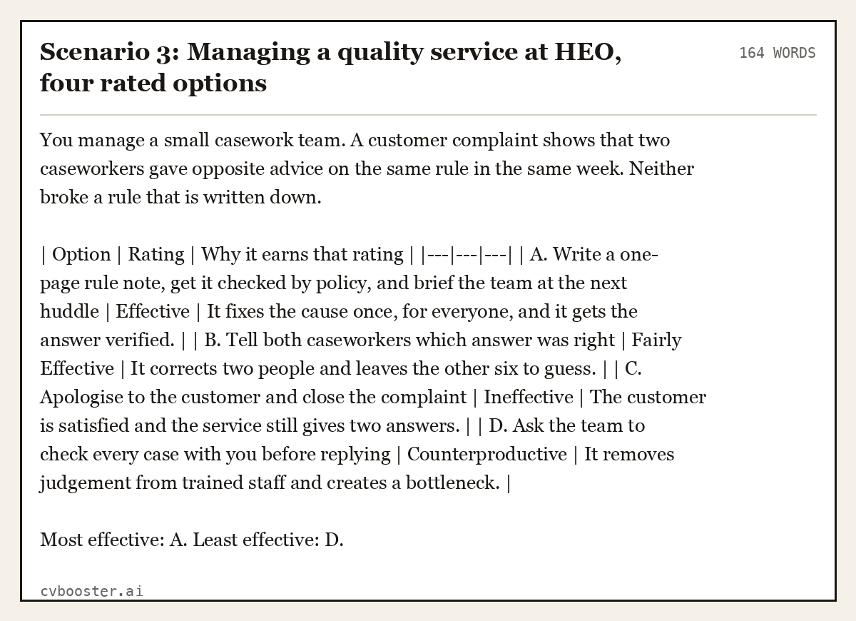 Complete Scenario 3: Managing a quality service at HEO, four rated options example, 164 words, laid out as it would sit in the application form
