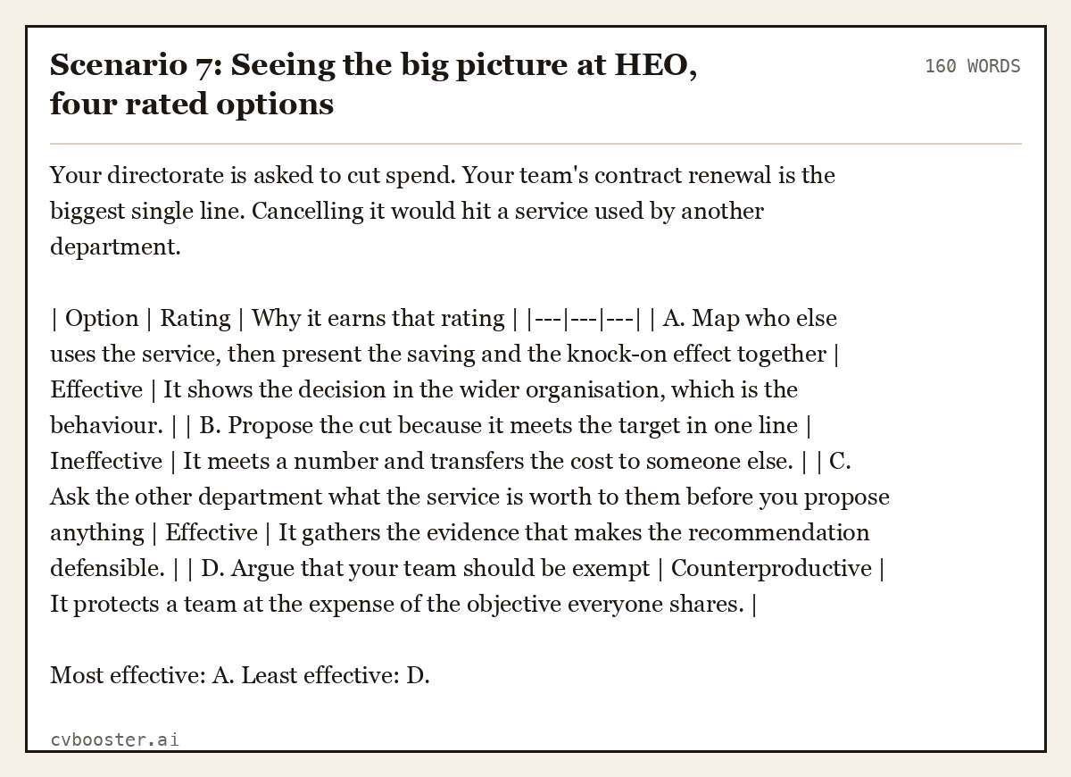 Complete Scenario 7: Seeing the big picture at HEO, four rated options example, 160 words, laid out as it would sit in the application form