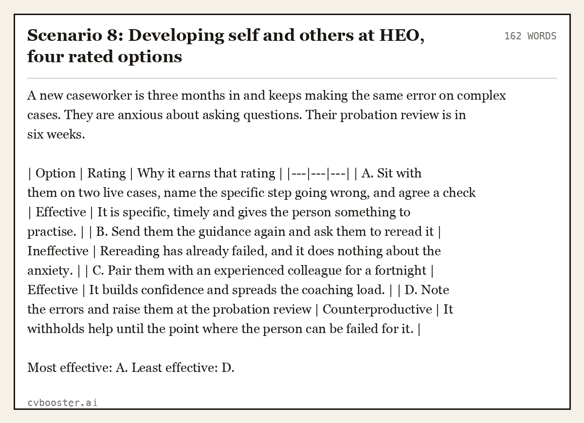 Complete Scenario 8: Developing self and others at HEO, four rated options example, 162 words, laid out as it would sit in the application form