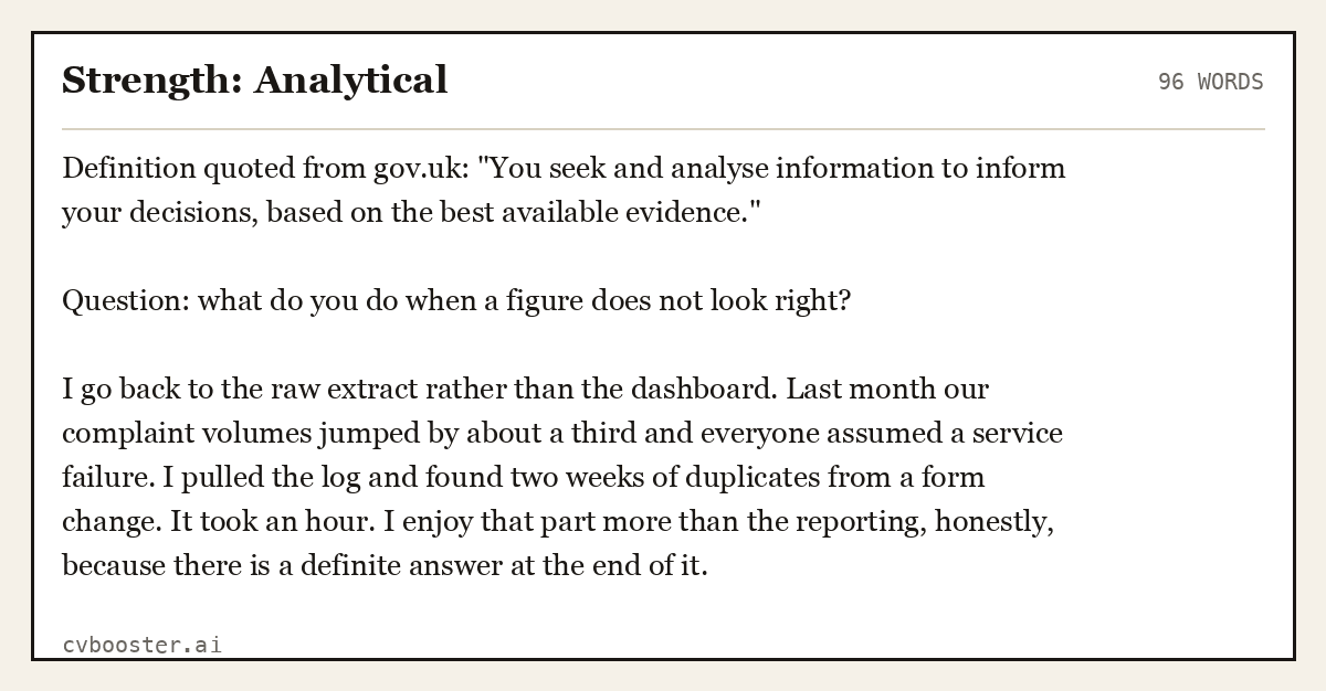 Complete Strength: Analytical example, 96 words, laid out as it would sit in the application form