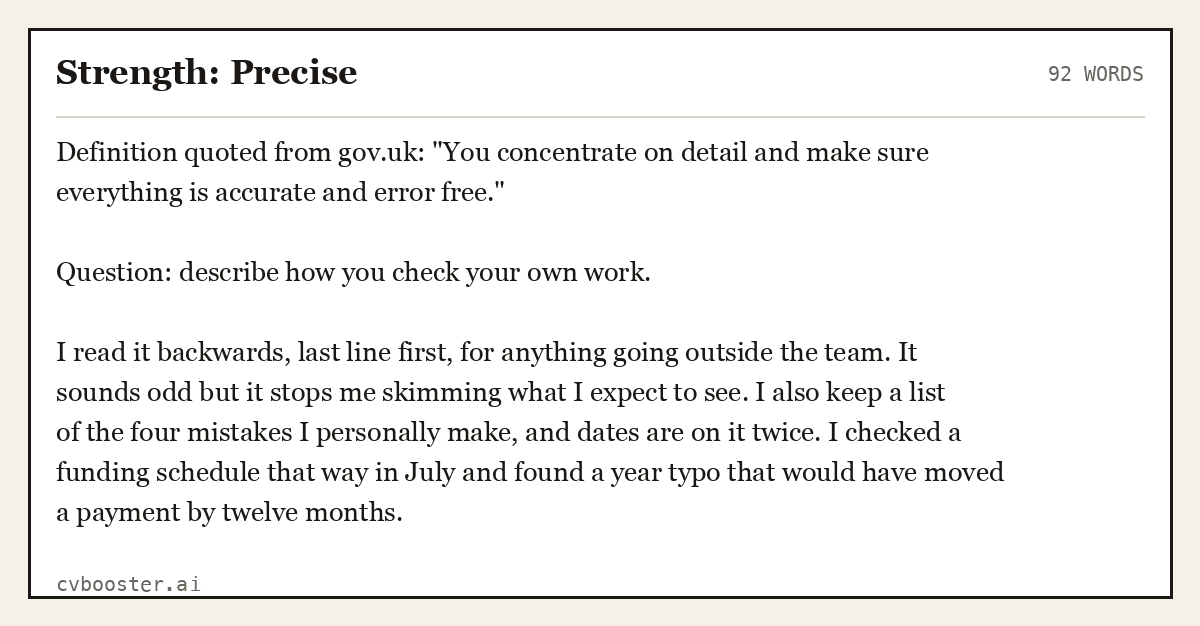 Complete Strength: Precise example, 92 words, laid out as it would sit in the application form