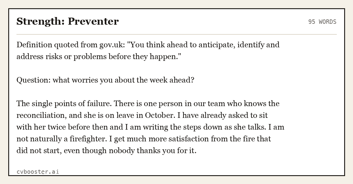 Complete Strength: Preventer example, 95 words, laid out as it would sit in the application form